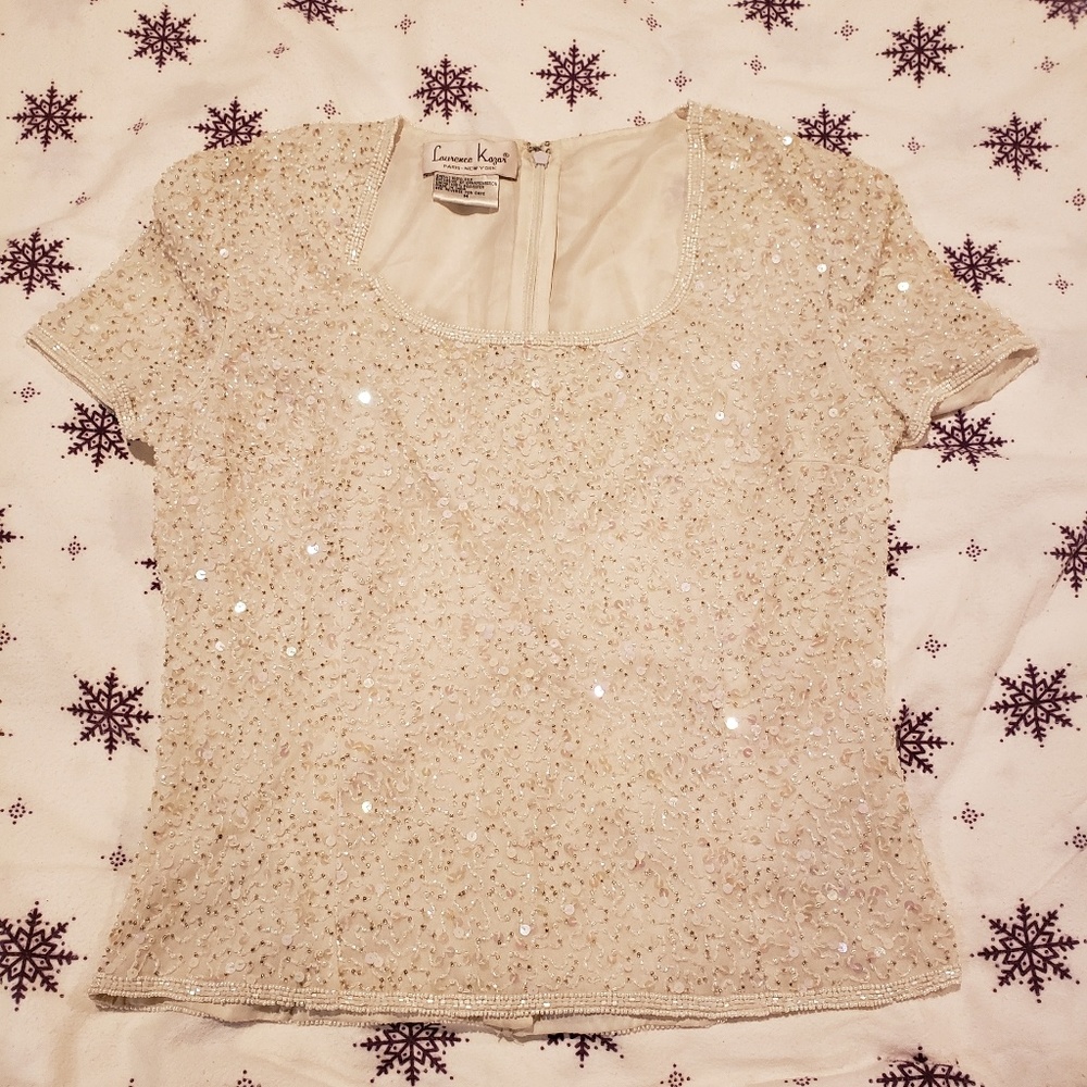 Laurence Kazar white silk beaded sequin NWOT top